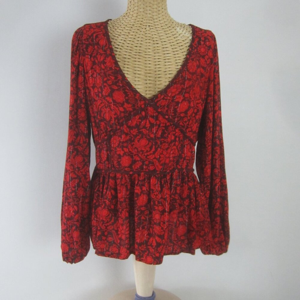 Knox Rose Womens L Red Floral LS V Neck Tunic Shirt Gold Metallic Empire Waist